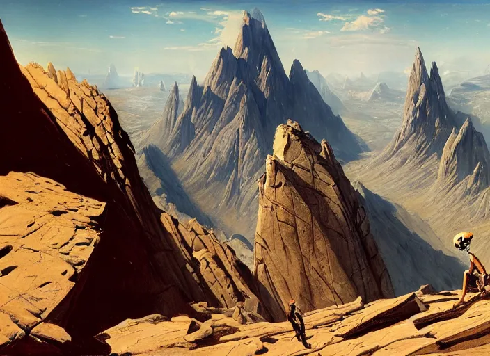 Image similar to an alien in climbing gear climbing a mountain on an alien planet, matte painting, by isaac levitan and asher brown durand,