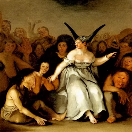 Prompt: A crowd of peasants and a pale woman sitting around a monster with horns, Francisco Goya style, high detailed faces, full hd, dark