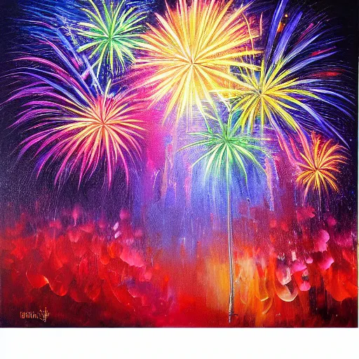 Image similar to When the fireworks are in full bloom by oil painting， clear background