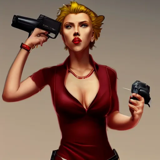 Image similar to Scarlett Johansson as Faye Valentine from Cowboy Bebop, photorealistic, cinematic, concept art, low contrast, realistic