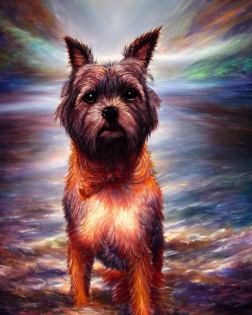 Prompt: mystic border terrier in the river , glow eyes ,fantasy, cinematic,volumetric lighting, symmetrical,sharp focus,digital painting, mystical art, smooth