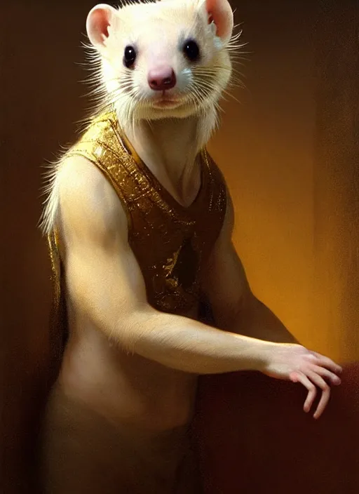 Image similar to a beautiful closeup shot from a fantasy film of a humanoid ferret with golden eyes wearing a loose tunic. an anthropomorphic ferret with gold eyes. portrait. joseph ducreux, greg rutkowski.
