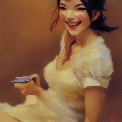 Image similar to a detailed portrait of a cute anime girl, smiling coy, painting by gaston bussiere, craig mullins, j. c. leyendecker