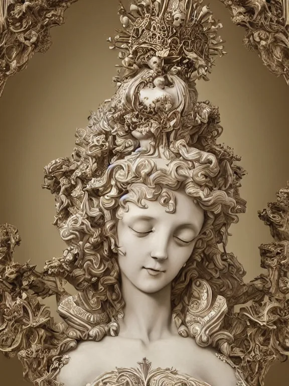Prompt: a beautiful render of rococo catholic princess sculpture with symmetry intricate detailed,by Nekro and aaron horkey and peter gric and Cedric Peyravernay and Billelis,Trending on artstation,ZBrush,masterpiece,maximalist,glittering,gold,silver，ivory,hyperreal