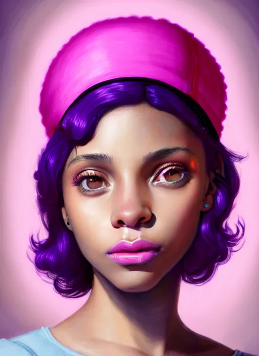 Image similar to portrait of teenage vanessa morgan with bright pink hair, black girl, curly pixie cut hair, wearing a purple breton cap, breton cap, hoop earrings, intricate, elegant, glowing lights, highly detailed, digital painting, artstation, concept art, smooth, sharp focus, illustration, art by wlop, mars ravelo and greg rutkowski