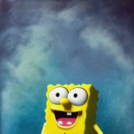 Image similar to A full body photo of the beautiful SpongeBob SquarePants made of cheese as a siren, he is looking straight to the camera, he has a glow coming from him, she is getting illuminated for rays of light that cross the sea, behind is a scary atmosphere of The Krusty Krab, the photo was taking by Annie Leibovitz, matte painting, oil painting, naturalism, 4k, 8k