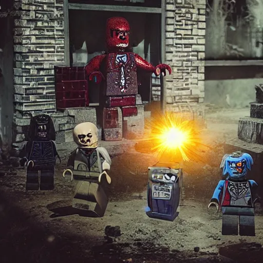 Prompt: zombies chasing Lego Dr Who, cinematic photography, concept art, cinematic