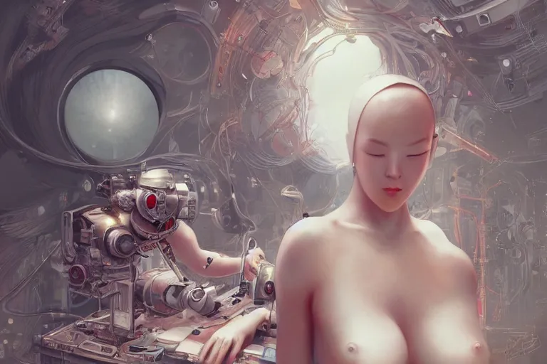 Image similar to hyperrealistic photography of a machine entering a female venus host in the style of Jin Kagetsu, James Jean and wlop, highly detailed, sharp focus, intricate concept art, digital painting, ambient lighting, 4k, artstation