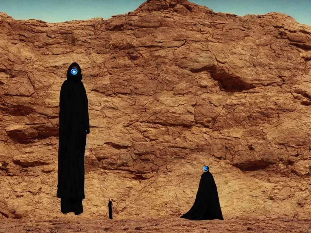 Prompt: levitating bene gesserit with full - face golden mask and glowing eyes in a dry rocky desert landscape, visible sky and sunny atmosphere, fata morgana giant mirrors, black hole in the sky by alejandro jodorowsky, anamorphic lens, kodakchrome, cinematic composition, practical effects, 8 k,