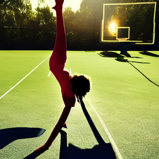 Image similar to a girl doing a handstand on the school basketball court, digital art, lens flare