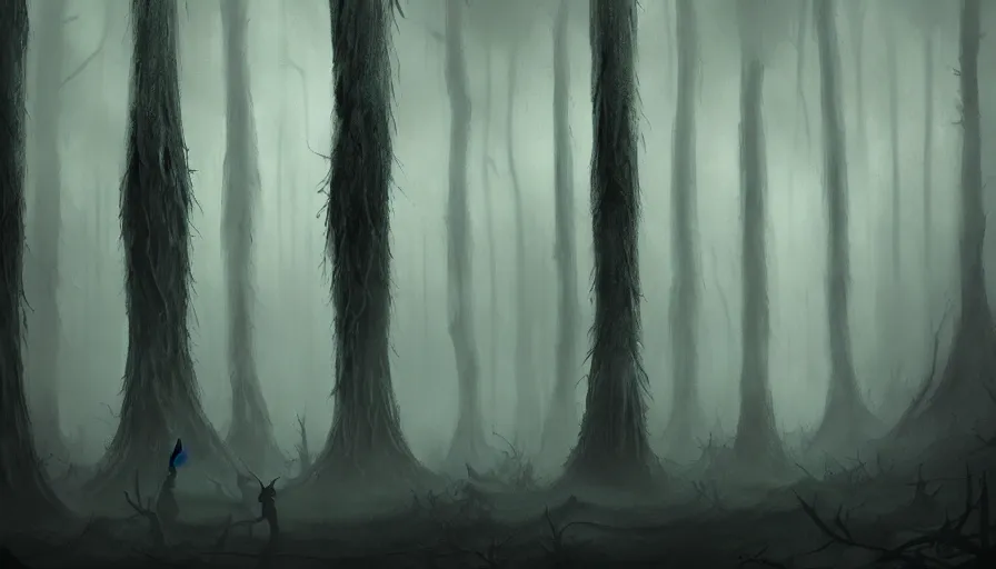 Image similar to a dark foggy forest, a very tall faceless monster standing amongst the trees, concept art, illustration, dark fantasy, high detail, trending on artstation