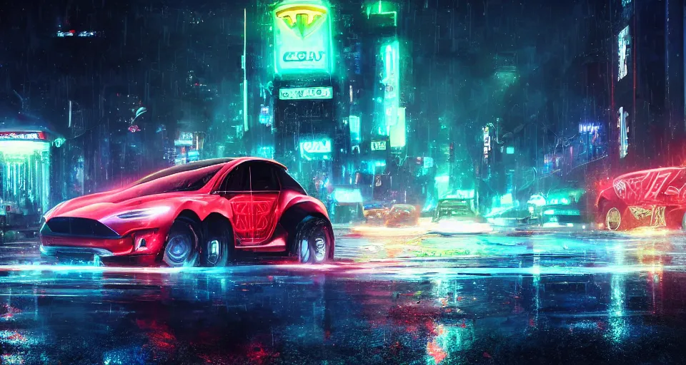 Image similar to a 2 8 mm closeup photo of a tesla tron cybertruck driving a on wet city street with lots of traffic at night, intricate, speed, action, need for speed, hyper detailed, smooth, high contrast, neon, volumetric lighting, octane, moebius, greg rutkowski, blade runner, ripley scott, synthwave, mad max, cinematic