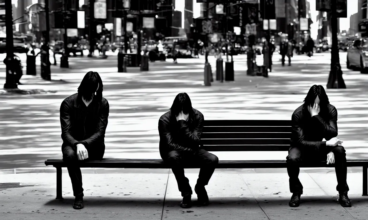 Prompt: keanu reaves sitting on a bench in the new york city with a sad face, photorealistic, ultrarealistic landscape photography, 8 k