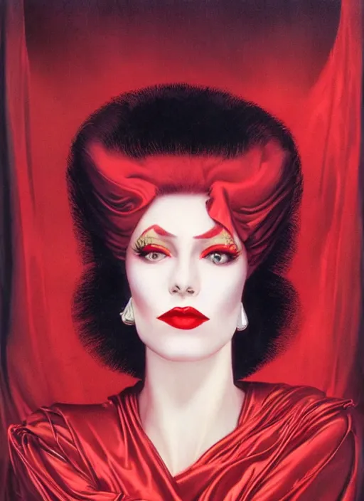 Image similar to an 8 0 s portrait of a woman with dark eye - shadow and red lips with dark slicked back hair dreaming acid - fueled hallucinations by serge lutens, rolf armstrong, delphin enjolras, peter elson, red cloth background