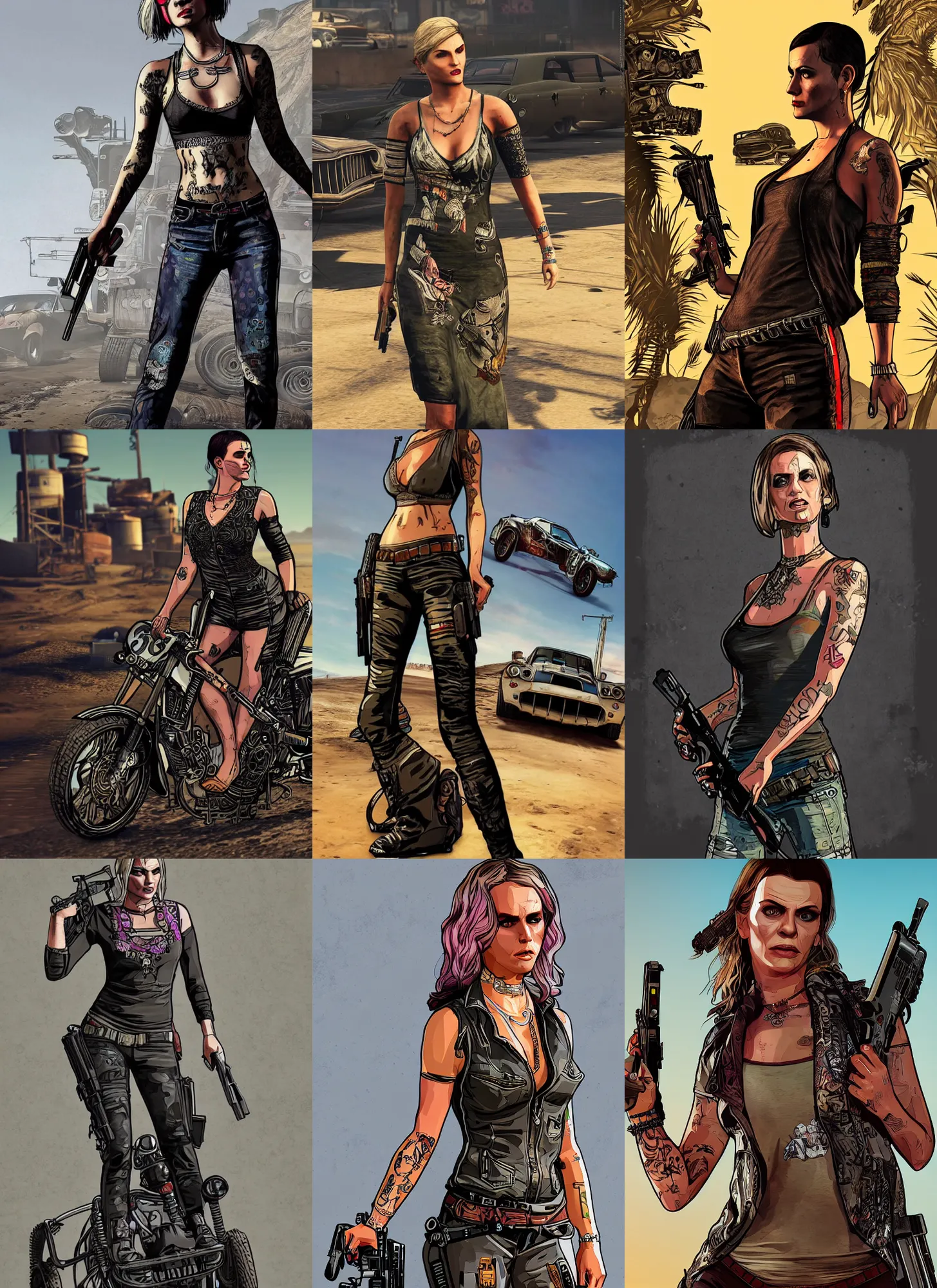 Prompt: gta 5, full body concept, mad max female wearing intricate clothing, digital illustration in the style of a gta v cover