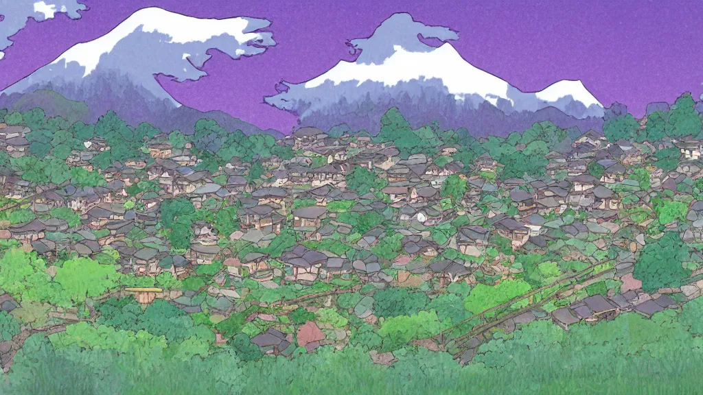 Prompt: Japanese village in the mountains in studio ghibli style