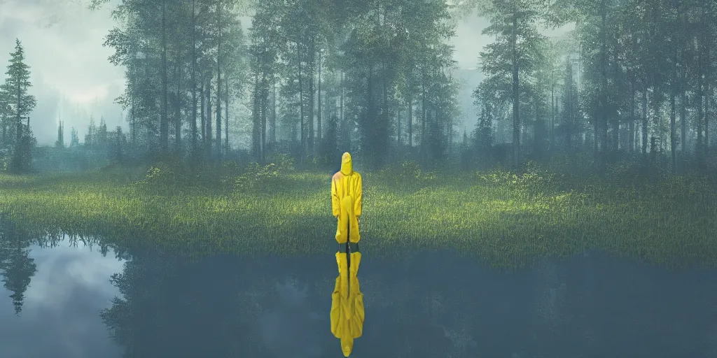 Prompt: a mysterious man in a yellow hazmat suit stands in a small lake with reflections in a detailed forest, painting, concept - art, rendering, octane, redshift, cinematic composition, volumetric lighting