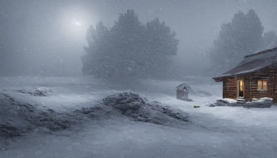 Image similar to A Snowplow clearing a beautiful snowy landscape with a small hut in the background. A blizzard and heavy snow falls. Fog and mist, highly detailed, concept art, digital art, 4k