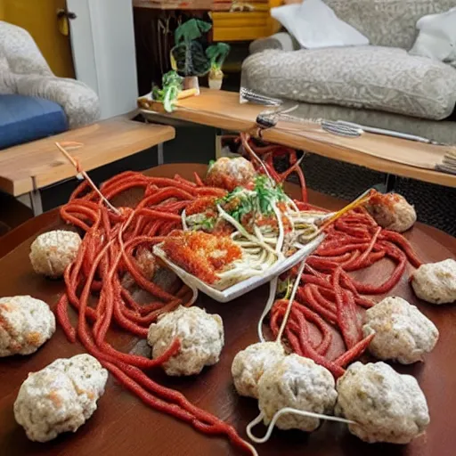 Image similar to edible spaghetti and meatballs shaped into a living room set