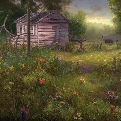 Prompt: a matte painting of a midwestern countryside, shack close up, overgrown, patchy flowers, oil painting, pale colors, high detail, 8 k, wide angle, trending on artstation,