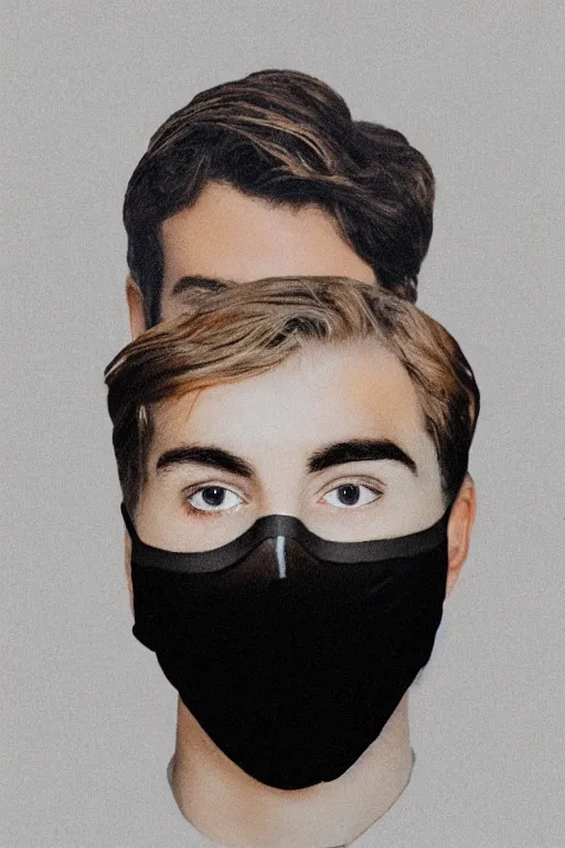 Image similar to vhs glitched face of young man wearing black mask