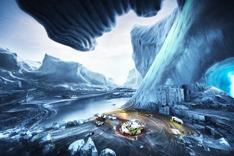 Image similar to favela spaceship cave tornado, snowy arctic environment, industrial factory, cliffs, peaks, bright, milky way, award winning art, epic dreamlike fantasy landscape, ultra realistic,