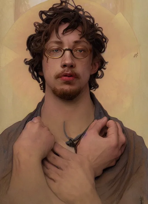 Prompt: the Birth of Sam Hyde, portrait art by alphonse mucha and greg rutkowski, highly detailed, digital painting, concept art, illustration, dim lighting with twilight rays of sunlight, trending on artstation, very detailed, smooth, sharp focus, octane render, close up