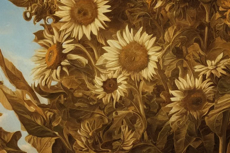 Image similar to a beautiful painting of at dusk, the seats in the church are full of sunflowers and white daisies, inside the building, extreme closeup, rococo style, baroque style