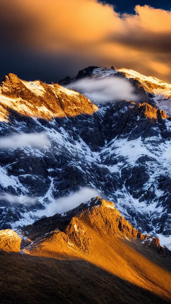 Prompt: a beautiful mountain landscape, dramatic clouds, soft golden light, long exposure, highly detailed, award winning photography by carr clifton, highly realistic