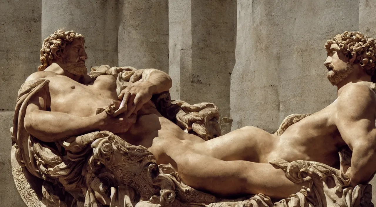 Prompt: a still from HBO's Rome of Hadrian reclining on a chaise while golden dappled sunlight streaks across his soft long curly blond hair