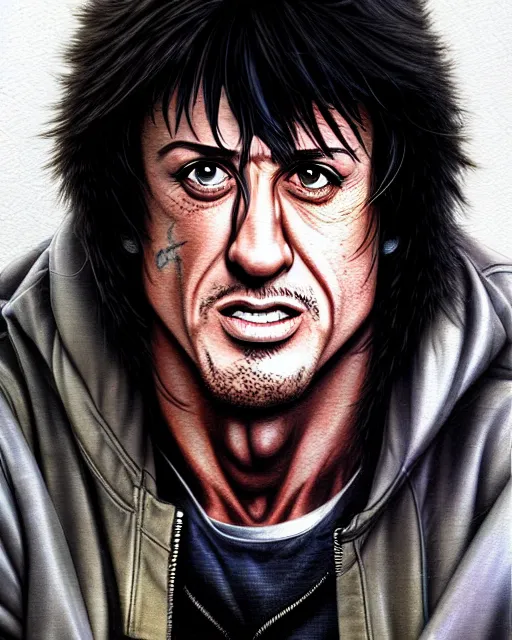 Image similar to well drawn animation portrait Anime skateboarder Sylvester Stallone Rambo, Sharp fine face, shaded Perfect face, fine details. Anime. cyberpunk realistic shaded lighting by katsuhiro otomo ghost-in-the-shell, magali villeneuve, artgerm, rutkowski Jeremy Lipkin and Giuseppe Dangelico Pino and Michael Garmash and Rob Rey