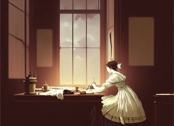 Prompt: victorian britain 1 8 3 5, adolecent florence nightingale sitting and sewing in the parlour of a english victorian manor light from a window on the right, finely detailed perfect art, gapmoe yandere grimdark, trending on pixiv fanbox, painted by greg rutkowski makoto shinkai takashi takeuchi studio ghibli