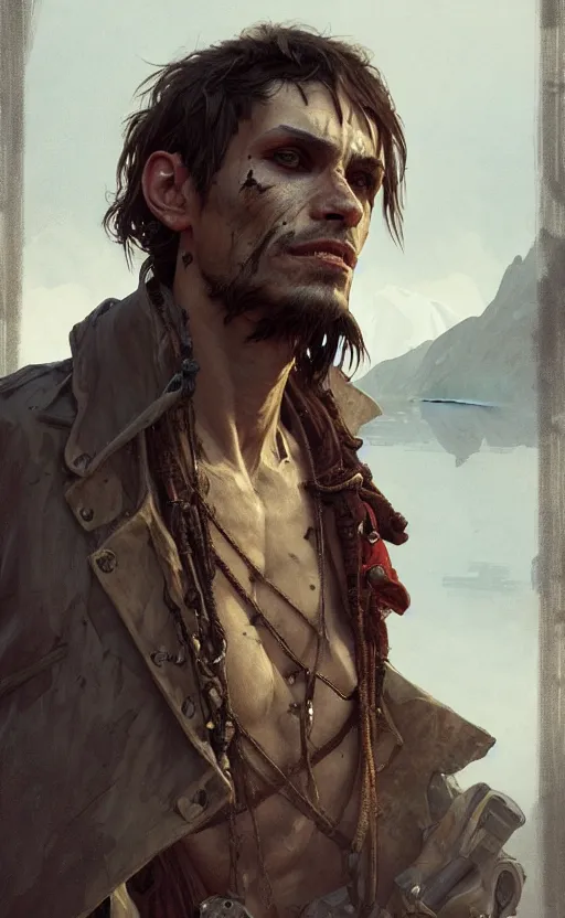 Image similar to a portrait of a male pirate, sick and skinny, dirty face, no teeth, concept art, deep focus, intricate, highly detailed, digital painting, artstation, matte, sharp focus, illustration, art by greg rutkowski and alphonse mucha