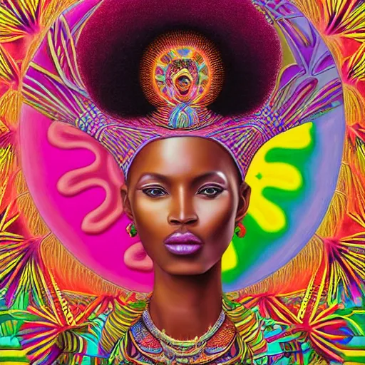 Image similar to a regal and heroic african queen with a colorful afro sitting in a cabana near a large steampunk pyramid near a pink river with a large glowing baobab tree, by amanda sage and alex grey and evgeni gordiets in a surreal psychedelic style, symmetrical, detailed eyes, oil on canvas 8k, hd