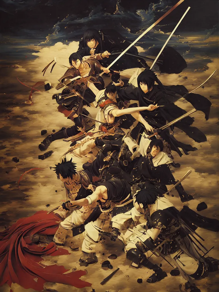 Image similar to baroque oil painting of key visual samurai battle, japanese armor, brutalist fantasy, realism, rule of thirds golden ratio, fake detail, trending pixiv fanbox, acrylic palette knife, style of makoto shinkai ghibli takashi takeuchi yoshiyuki sadamoto jamie wyeth james gilleard greg rutkowski chiho aoshima