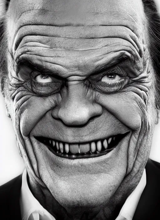 Prompt: photo of Jack Nicholson as the Joker by Eolo Perfido and Lee Jeffries, smile, head shot, detailed, award winning, Sony a7R