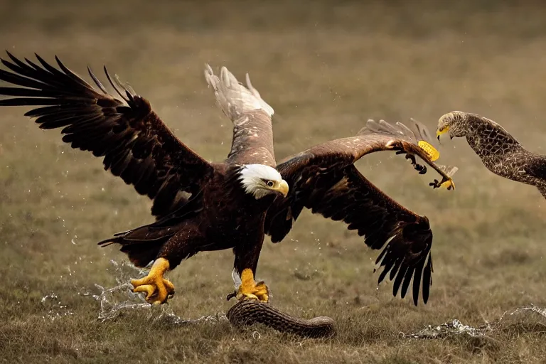 Image similar to an eagle catching a snake, national geographic photography.