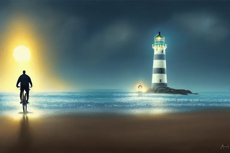 Prompt: photo of man riding a bicycle along the beach, glowing underwater toward a lighthouse in the distance guiding his way, silhouette, wide horizon, large white clouds, night, intricate, elegant, highly detailed, digital painting, artstation, concept art, smooth, sharp focus, illustration, art by artgerm and greg rutkowski and fra angelico