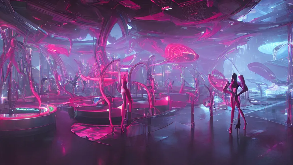 Prompt: sci-fi night club, with exotic female alien dancers standing on platforms, neon lights, fog, smoke and atmosphere, red tones, platforms, circular mechanical structures, faceted shapes, contemporary aesthetic, like concept art on artstation, hyperdetailed, vray render, octane render,
