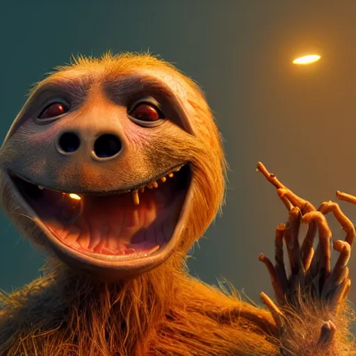 Prompt: a high resolution render of sid sloth character on ice age by johannen voss by david cronenberg by francis bacon by peter kemp by octane render blender 8 k isometric dof neon colours