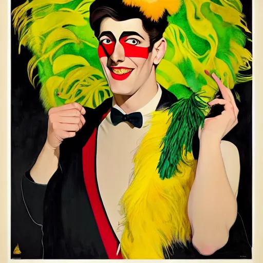 Image similar to art by joshua middleton, a medium shot portrait of the golden creeper, a tall manically smiling yellow - skinned man with green and black striped cycling shorts and wearing a long red and black striped ostrich feather boa, yellow makeup, mucha, kandinsky, poster, art deco motifs, comic art, stylised design, scarlet feather boa