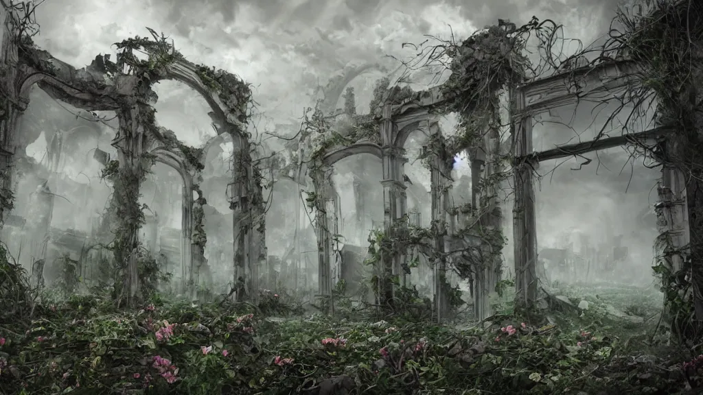 Image similar to an apocalyptic ruins, flowery, vines, foggy, eerie, scary, digital art