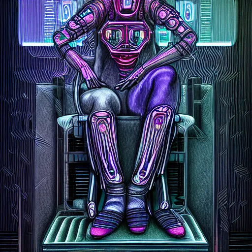 Prompt: a drawing of a person sitting on a chair, cyberpunk art by ernst fuchs, behance contest winner, metaphysical painting, darksynth, fractalism, circuitry, arstation