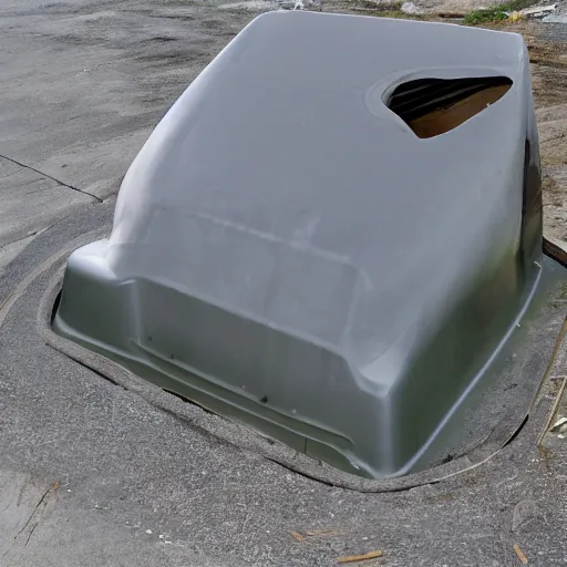 Prompt: dry dock concrete clamshell grill garbage can on an abandoned shiny angular motorboat hull on the asphalt,