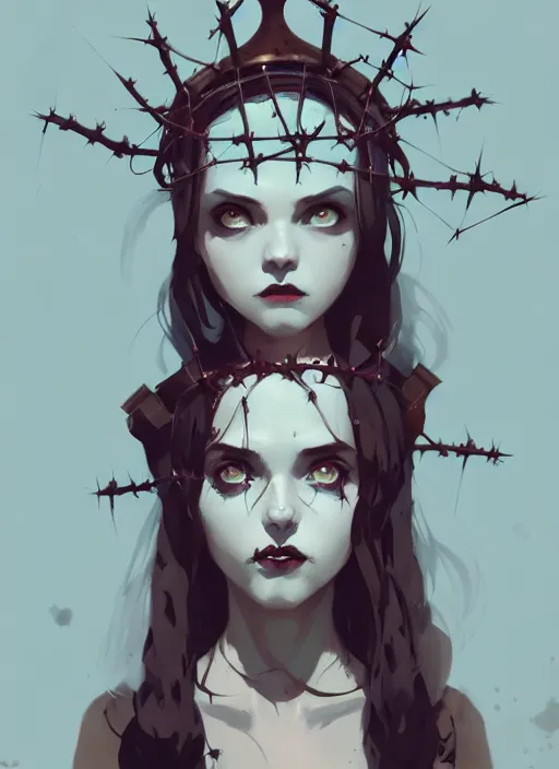 Prompt: portrait of cute goth maiden girl with crown of thorns, warhammer, cyberpunk, by atey ghailan, by greg rutkowski, by greg tocchini, by james gilleard, by joe fenton, by kaethe butcher, dynamic lighting, gradient light blue, brown, blonde cream and white color in scheme, grunge aesthetic