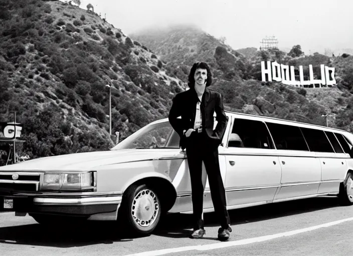 Prompt: a cool handsome photomodel lening against a limousine on hollywood boulevard in the 8 0's. hollywood sign in the background