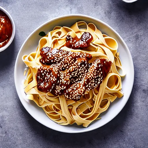 Prompt: fettuccini pasta but Teriyaki sauce and sesame chicken, 4K photo, HD