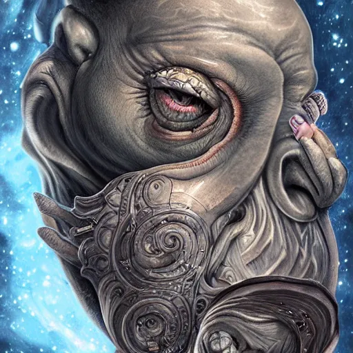 Image similar to a wlop 3 d render of very very very very highly detailed beautiful mystic portrait of a phantom undead hippo with whirling galaxy around, tattoos by anton pieck, intricate, extremely detailed, digital painting, artstation, concept art, smooth, sharp focus, illustration, intimidating lighting, incredible art,