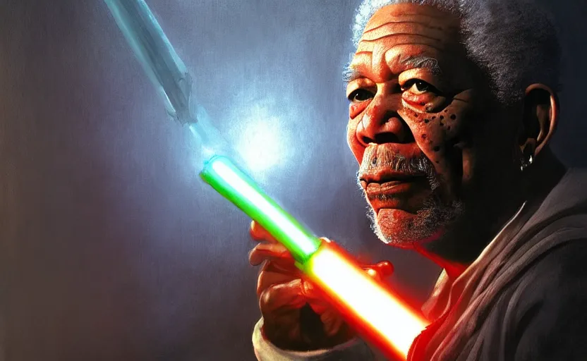 Image similar to morgan freeman holding a light saber, water landscape, dramatic lighting, cinematic, establishing shot, extremly high detail, photorealistic, cinematic lighting, post processed, concept art, artstation, matte painting, style by greg rutkowsky