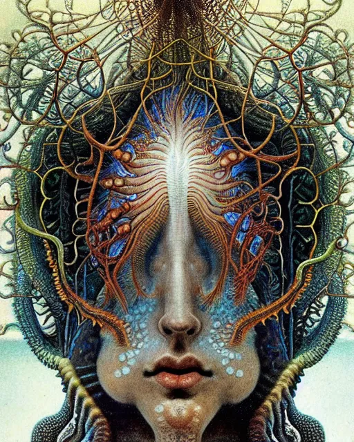 Prompt: realistic detailed underwater face portrait of the beautiful young god of the fish of the fractal waters with an intricate headgear of corals, sea kelp, sea plants, fish, starfish, jellyfish, art by ernst haeckel, zdzisław beksinski, hieronymus bosch, gothic, neo - gothic, ornamental, beautiful deep colours,